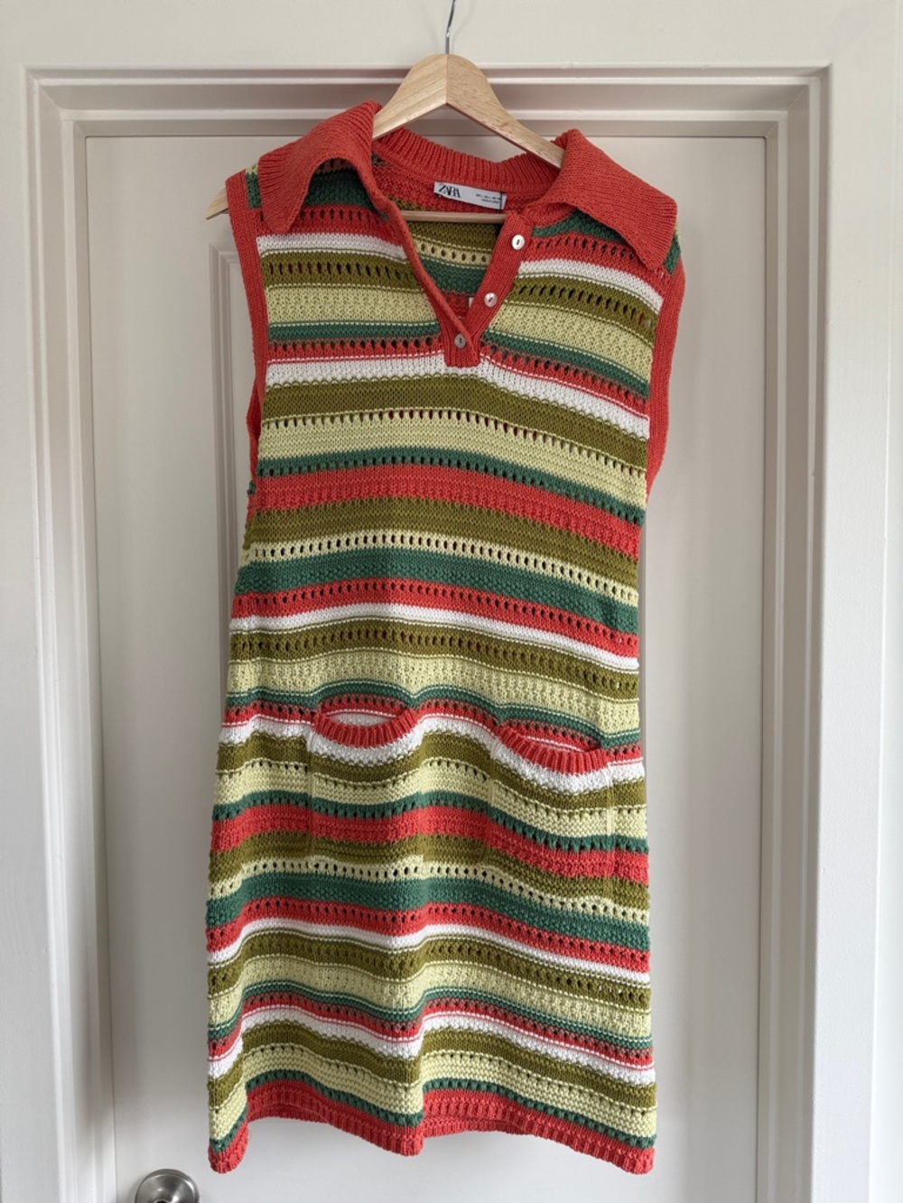 Zara Crochet Coral, Olive & Light Green Striped Knit Polo Dress